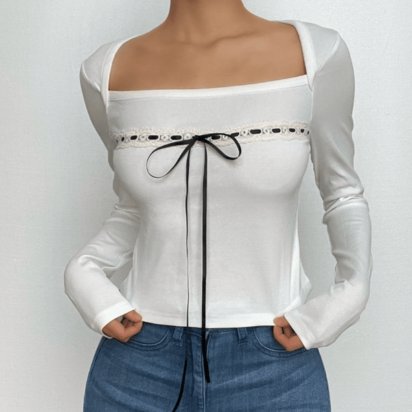 Square neck contrast long sleeve stitch bowknot crop top