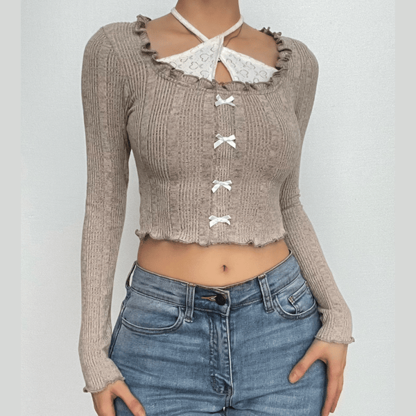 Bowknot contrast halter patchwork ruffle long sleeve top