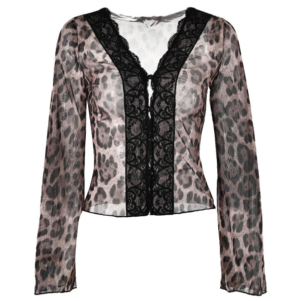 Long sleeve leopard print v neck lace button top