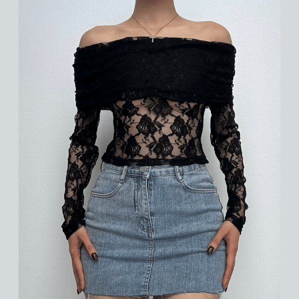 Long sleeve off shoulder lace see through ruched top