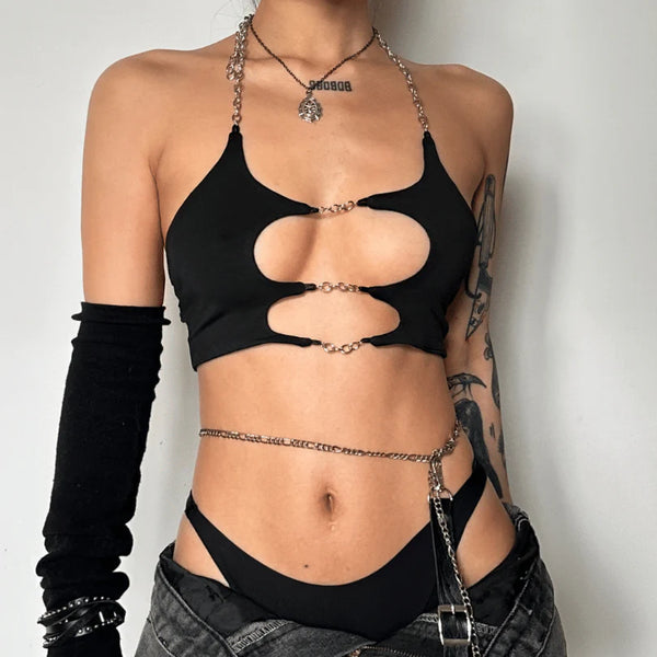 Metal chain hollow out solid crop halter cut out top
