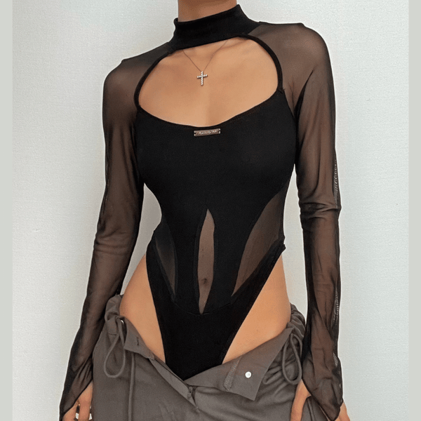 Hollow out mesh patchwork long sleeve contrast bodysuit