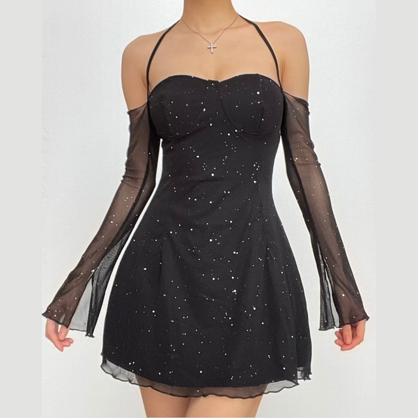 Long sleeve halter mesh glitter off shoulder mini dress