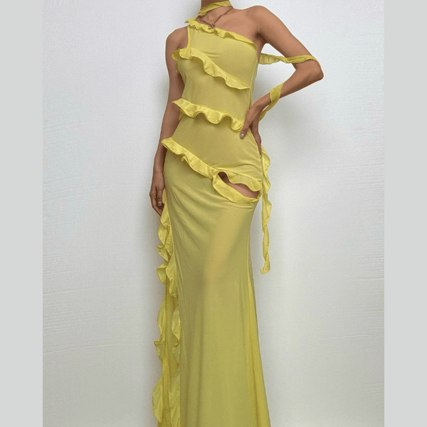 One shoulder ruffle irregular high slit maxi dress