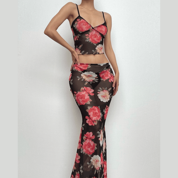 Sheer mesh flower print ruffle v neck cami skirt set