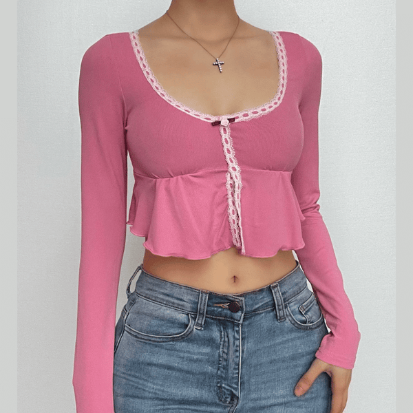 Ruffle long sleeve u neck lace hem slit contrast crop top