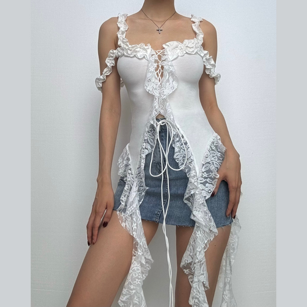 Off shoulder lace up ruffle lace hem top