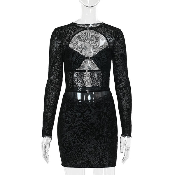 Long sleeve hollow out lace button mini dress