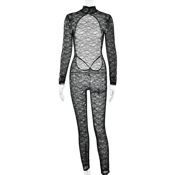 High neck long sleeve lace backless jumpsuit