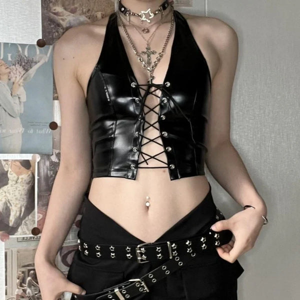 Lace up front halter backless PU leather top