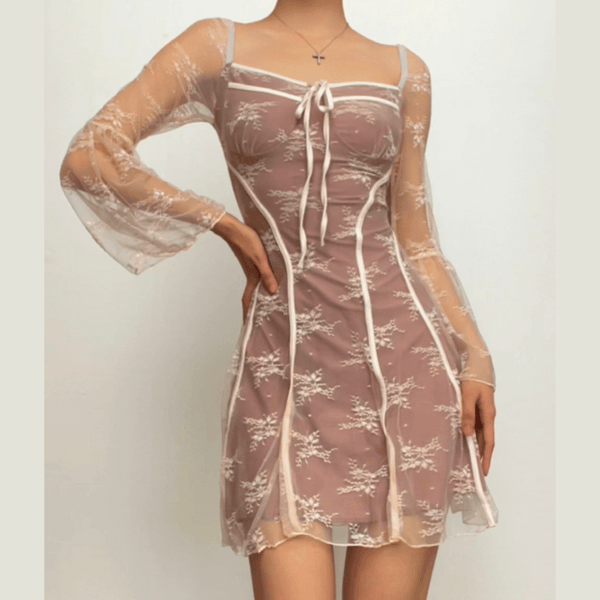 Lace square neck long flared sleeve zip-up ruffle mini dress