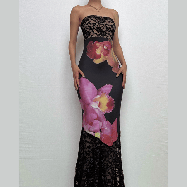 Lace flower print patchwork backless tube maxi dress