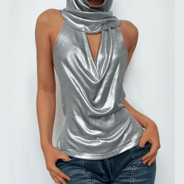 Metallic metal chain cowl neck ruched hoodie backless top