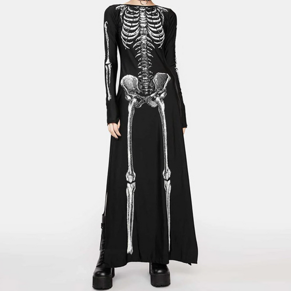 Long sleeve crewneck skeleton print maxi dress