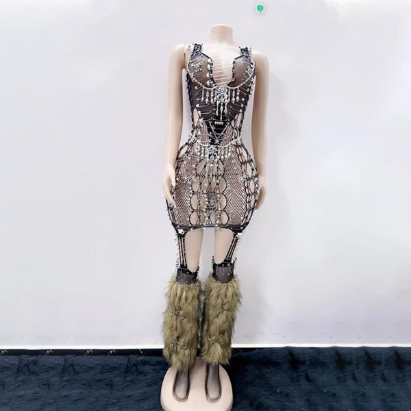 Skull fishnet metal chain suspender mini dress