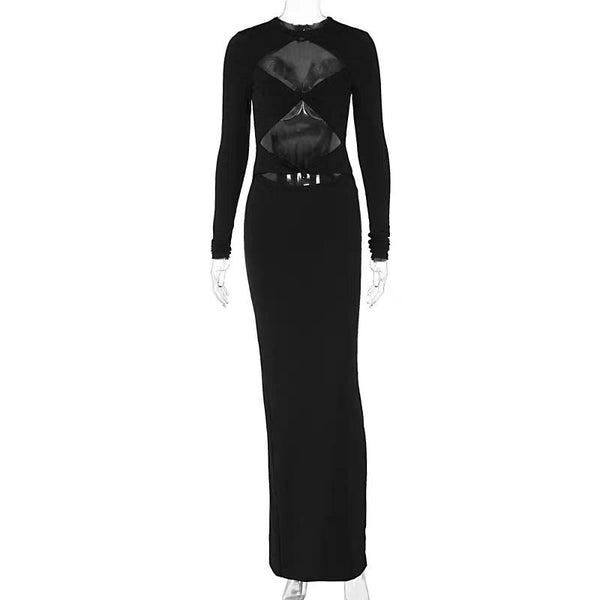 Crewneck long sleeve hollow out maxi dress