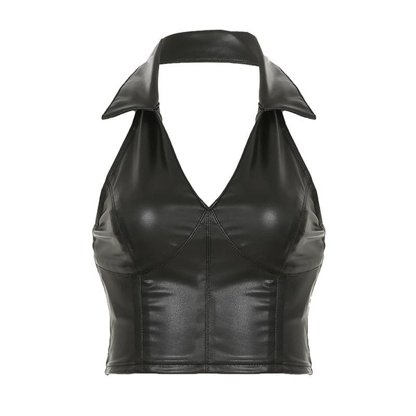 Turnover collar halter v neck PU leather crop top