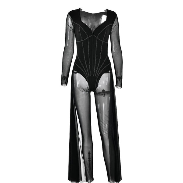 Long sleeve stitch mesh zip-up jumpsuit