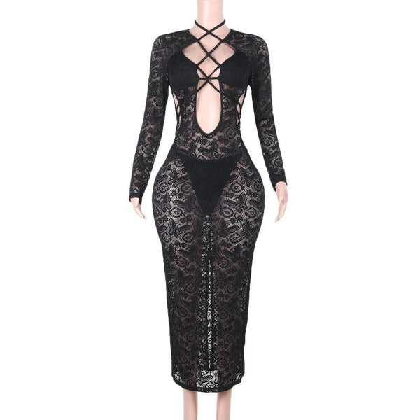 Lace long sleeve hollow out cross front maxi dress