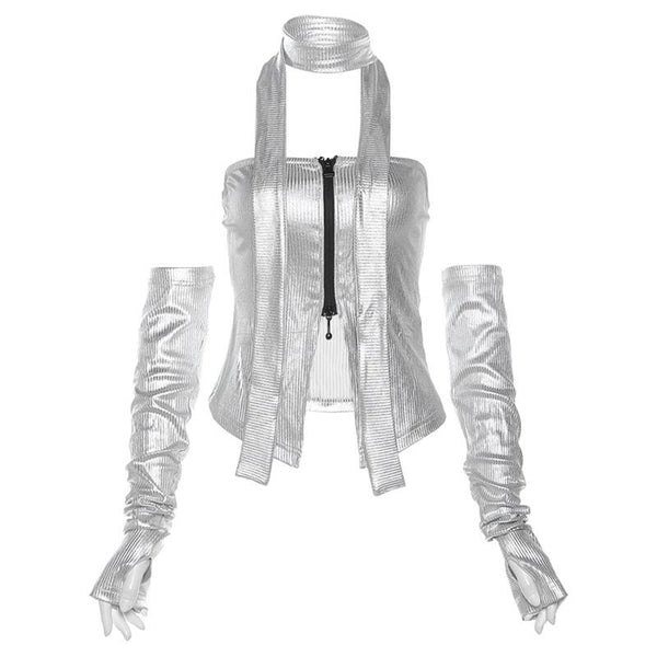 Metallic gloves zip-up tube top