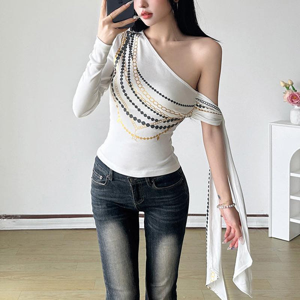 One shoulder long sleeve metal chain print top