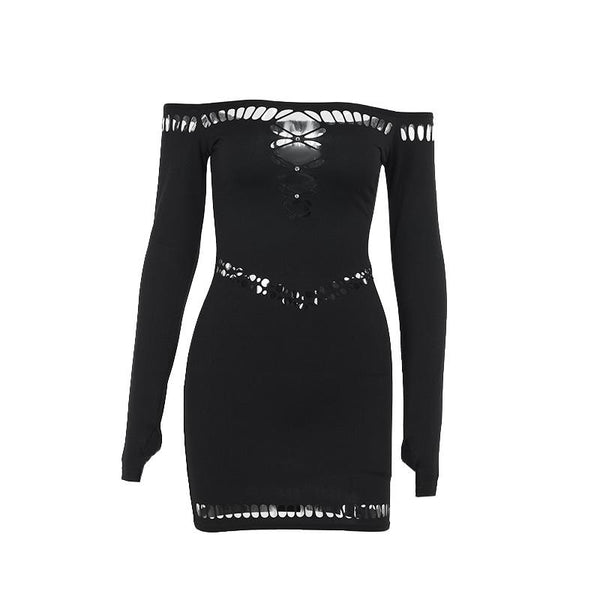 Off shoulder long sleeve hollow out beaded mini dress