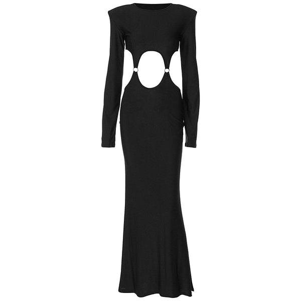 Long sleeve hollow out o ring padded maxi dress