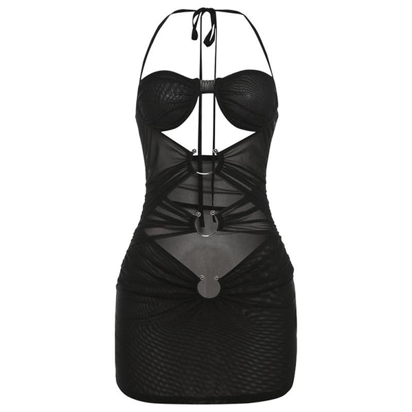 Sheer mesh halter self tie hollow out ruched mini dress