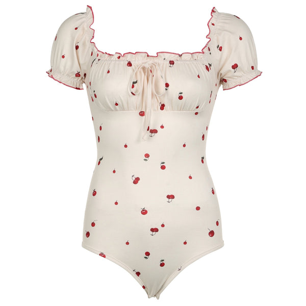 Short puff sleeve knotted ruched cherry print bodysuit