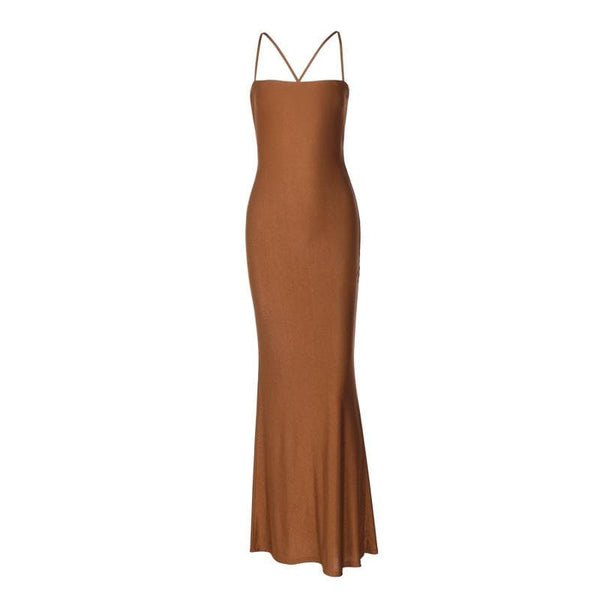 Hollow out ruched cross back cami cut out maxi dress