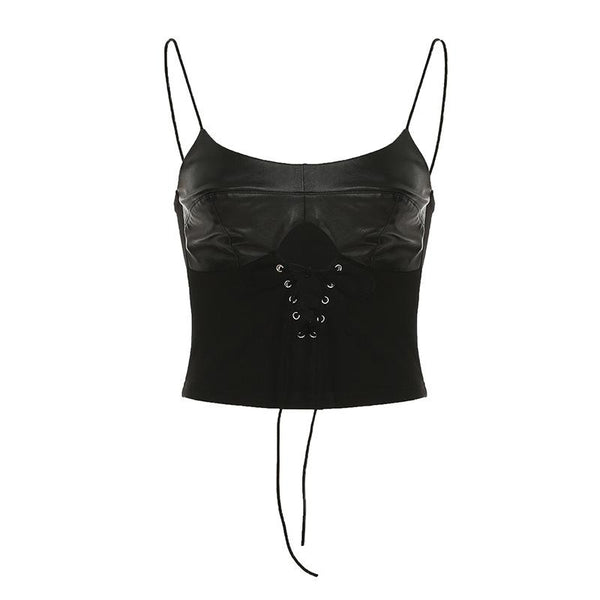 PU leather patchwork lace up cami top