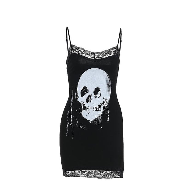 Skull print lace hem cami mini dress