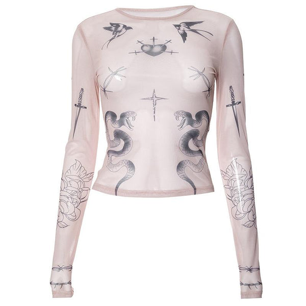 Long sleeve angel print sheer mesh crewneck top