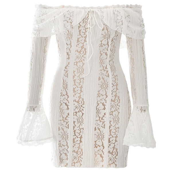 Long flared sleeve off shoulder lace mini dress