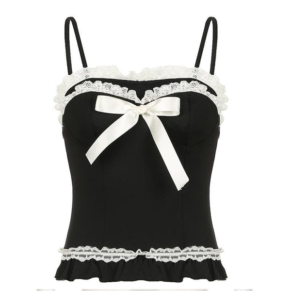 Lace hem ruffle bowknot contrast cami top