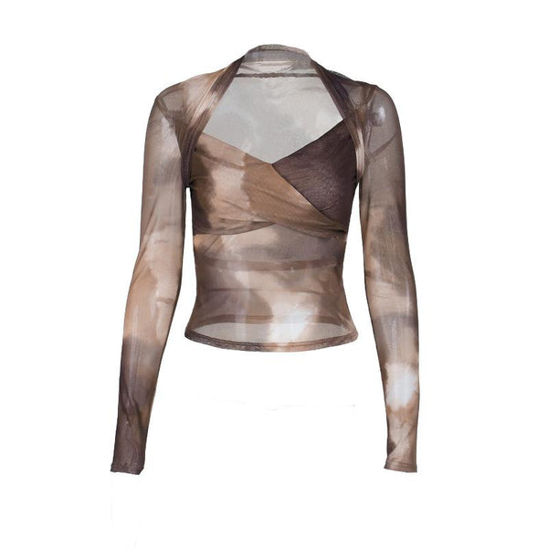 Long sleeve tie dye mesh top