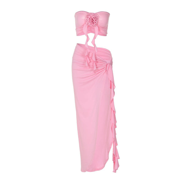 Flower applique ruffle high slit ruched tube skirt set