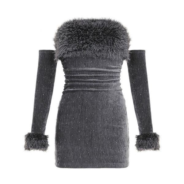 Fluffy gloves beaded tube mini dress