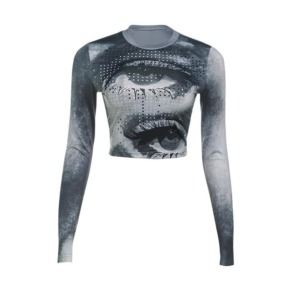 Crewneck long sleeve eye print contrast crop top