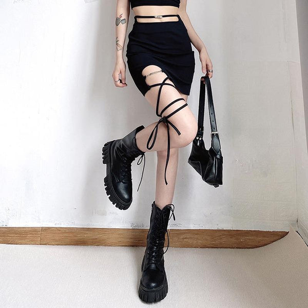 Hollow out metal chain self tie zip-up mini skirt