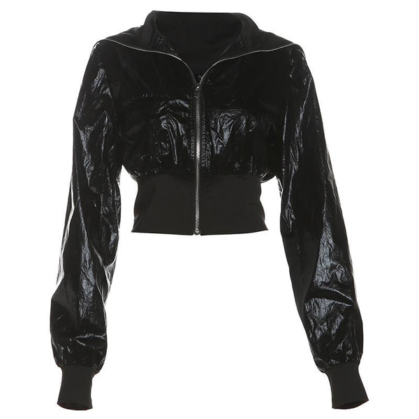 Turnover collar long sleeve PU leather zip-up coat top