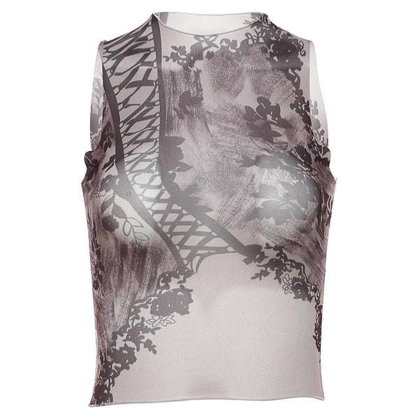 Sleeveless high neck print sheer mesh top