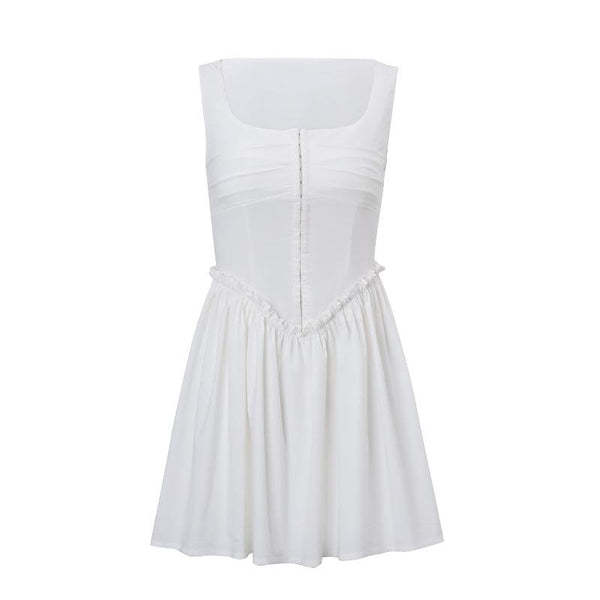 Button ruffle square neck ruched bustier tank mini dress