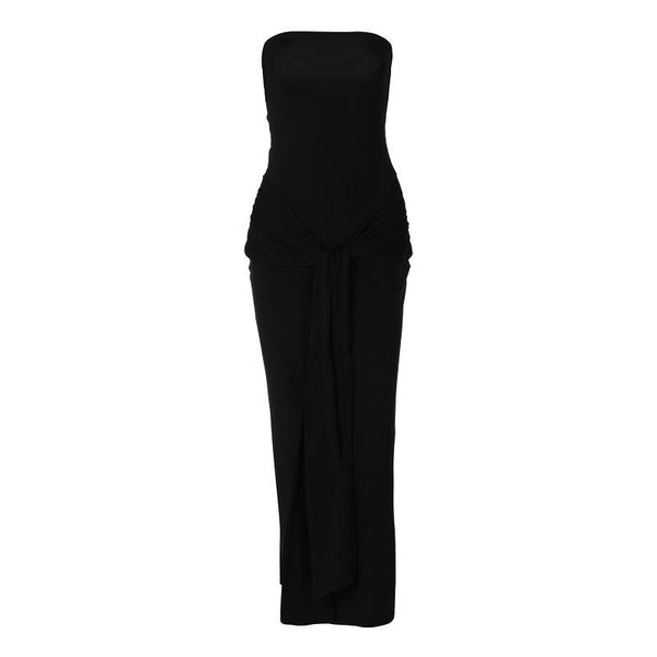 Ruched slit knotted tube midi dress