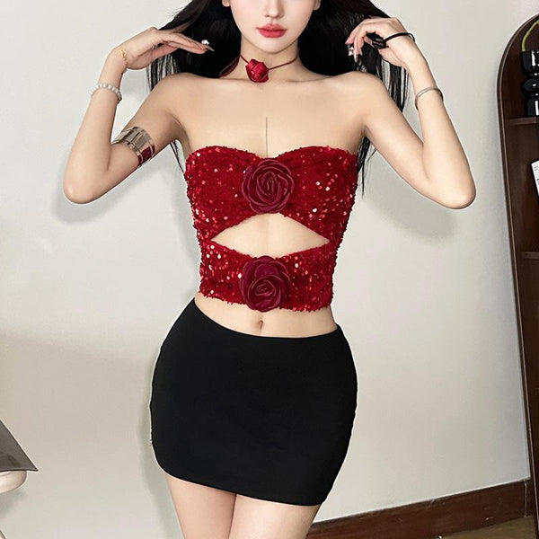 Flower applique hollow out tube top