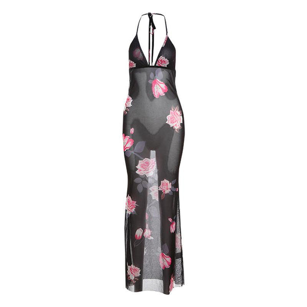 Halter v neck flower print see through maxi dress