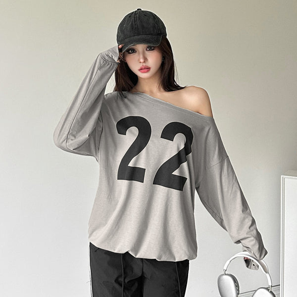 Long sleeve irregular one shoulder “22” pattern top