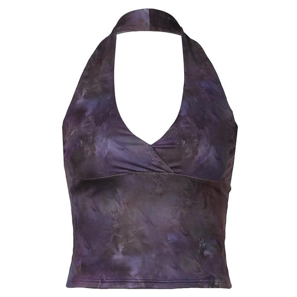 Halter v neck tie dye backless top