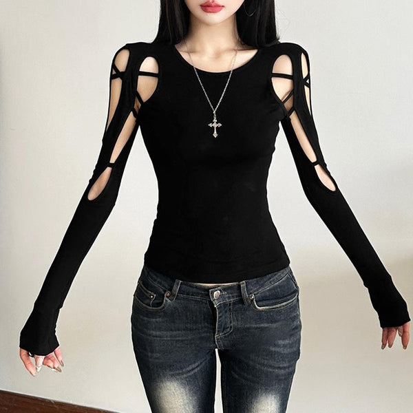 Long sleeve web hollow out top