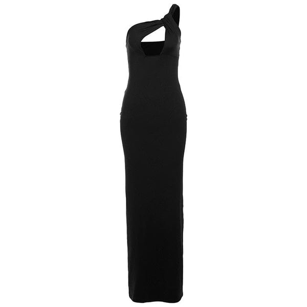 One shoulder ruched hollow out solid cami cut out maxi dress